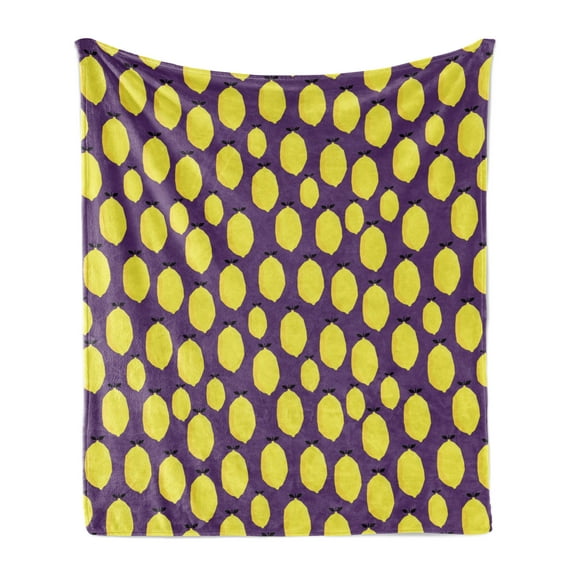 Purple and Yellow Soft Flannel Fleece Throw Blanket, Cartoon Design Animated and Repetitive Lemon Prints on Plain Backdrop, Cozy Plush for Indoor and Outdoor Use, 60" x 80", Quartz, by Ambesonne