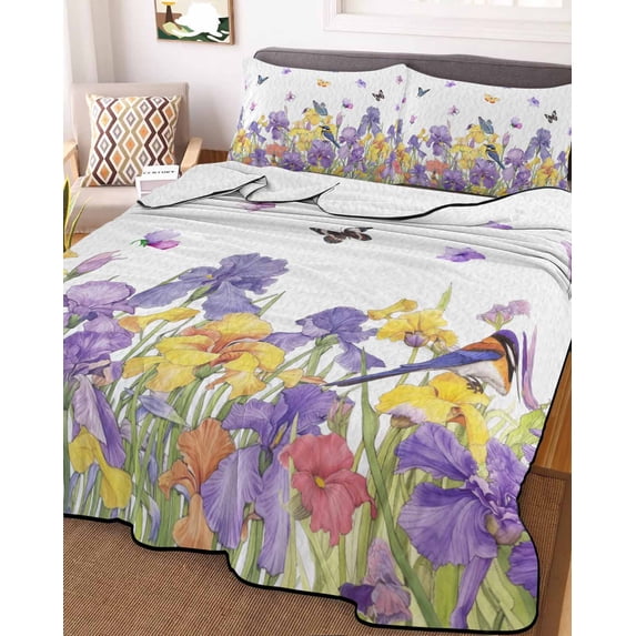 Purple Yellow Spring Floral Full Size Down Alternative Comforter, Lightweight Comforter Quilt Bedding Set with Pillow Shams Summer Botanical Birds All Seasons Bed Comforter Duvet Insert 78"x90"