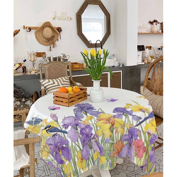 Purple Yellow Spring Floral Tablecloth Square Table Cloth 60x60 , Waterproof Tablecloth Outdoor Table Cloth, Summer Botanical Birds Washable Table Cover for Kitchen Dining Party