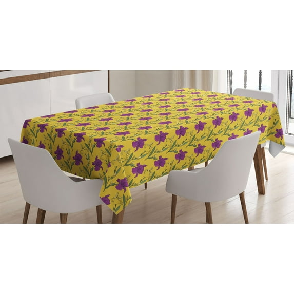 Purple and Yellow Tablecloth, Ornamental Illustration of Symmetrical Floral Botanical Flower Twigs, Rectangle Satin Table Cover for Dining Room and Kitchen, 60" X 90", Mustard Fuchsia, by Ambesonne