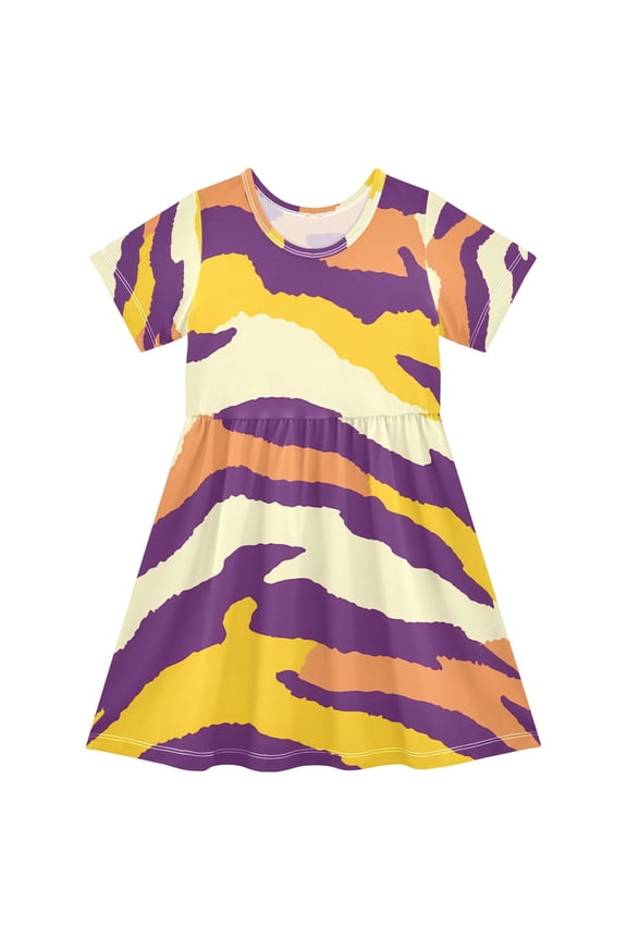 Purple Yellow Tiger Stripes Girls Short Sleeve Dress A Line Sun Protection Breathable Comfort Sundress 3T