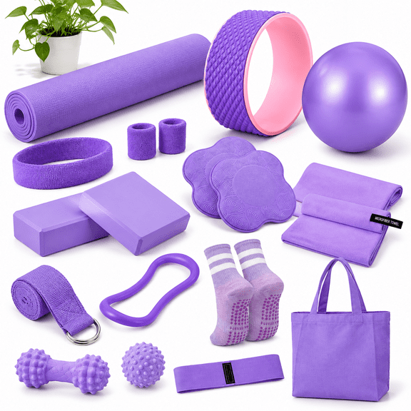 Purple Yoga Starter Kit for Women Pilates Set Complete Exercise Accessories for Beginners