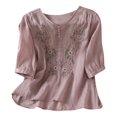 thumbnail image 1 of Purple Young Adult Tops Floral Embroidered Tops Cotton Linen Shirts Boho Ethnic Style Tee Women 3/4 Sleeve V Neck Tunic Tshirt Going Out Tops for Women, 1 of 6