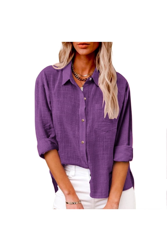 Purple Young Adult Tops Women's Summer Solid Color Cotton and Linen Shirt with Pockets and Slit Long Sleeves Plus Size Tops for Women