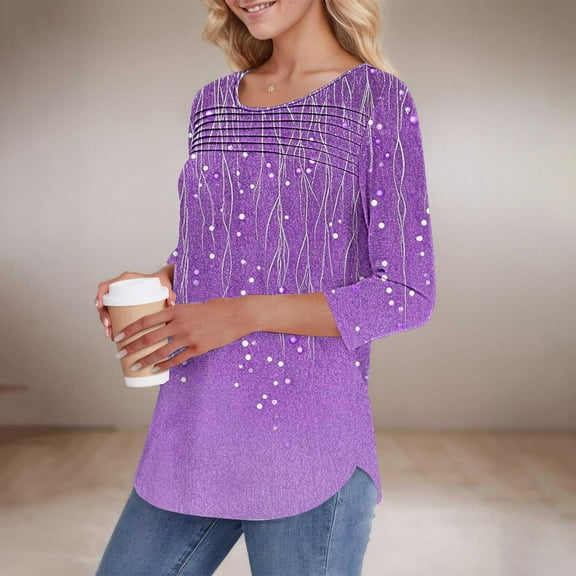 Purple Young Adult Tops Womens 3/4 Length Sleeve Tops Casual Summer Pleated Front T Shirts Round Neck Business Work Tunic Blouse Going Out Tops for Women