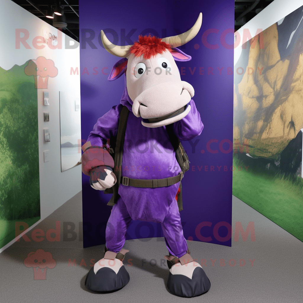 Purple Zebu REDBROKOLY mascot costume character dressed with a Culottes ...
