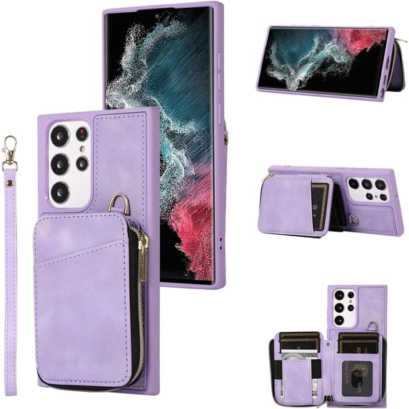 Purple Zipper Wallet Case for Samsung Galaxy S23 Ultra 5G with Crossbody Lanyard,Big Capacity Purse Cover with Wrist Strap for Women and Men,PU Leather Handbag Phone Cover with Card Holder