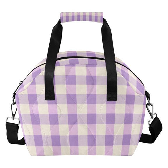 Purple and Beige Gingham Pattern Insulated Lunch Bag Reusable Quilted Lunch Box Waterproof Leakproof Lunch Container
