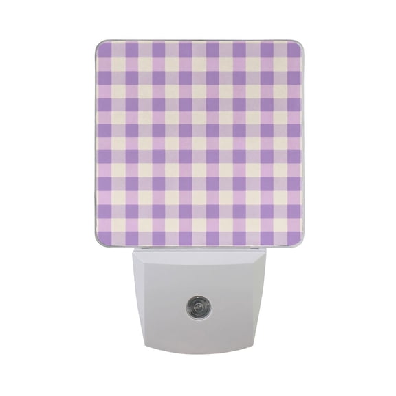 Purple and Beige Gingham Pattern LED Night Light Sensor Lamp Plug-in Adjustable Brightness 2 Pack