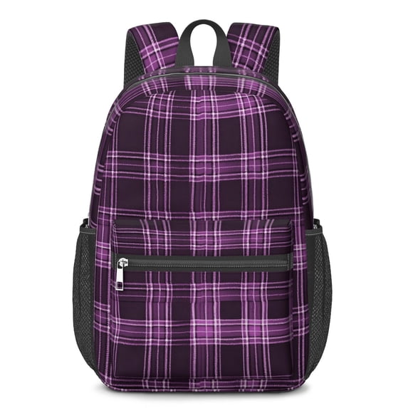 Purple and Black Checkered Pattern 17" School Backpacks for Teens,Waterproof Oxford Fabric,S-Shape Padded Straps for School,Travel,Hiking,Camping