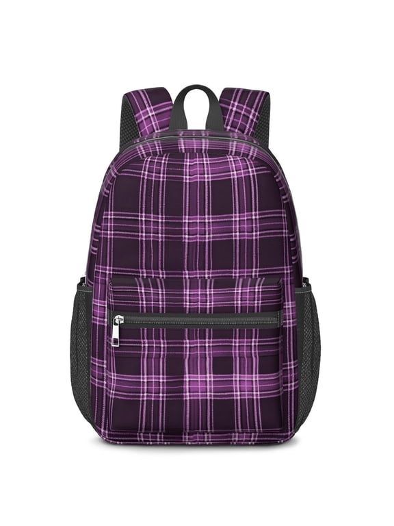 Purple and Black Checkered Pattern 17" School Backpacks for Teens,Waterproof Oxford Fabric,S-Shape Padded Straps for School,Travel,Hiking,Camping