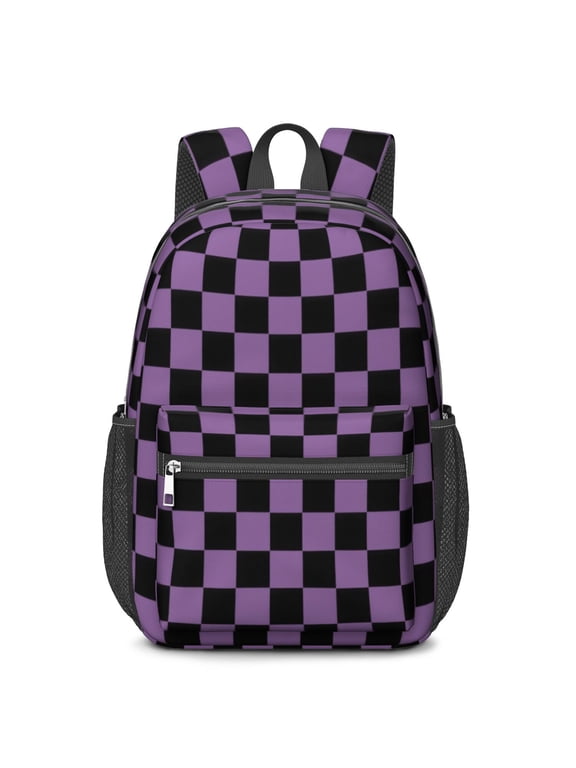 Purple and Black Checkered Pattern 17" School Backpacks for Teens,Waterproof Oxford Fabric,S-Shape Padded Straps for School,Travel,Hiking,Camping