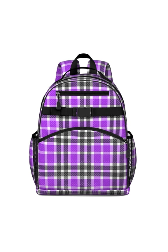 Purple and Black Checkered Pattern Backpack for School, Cute School Bag with Adjustable Shoulder Straps and Padded Back, 15.25"x11.5"x5.25"
