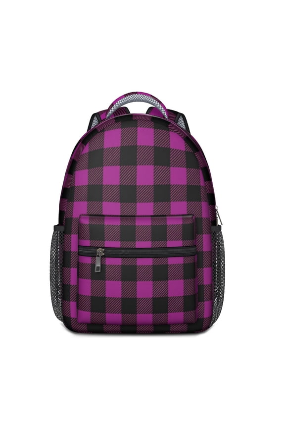 Purple and Black Checkered Pattern Backpack for School, Cute School Bag with Adjustable Shoulder Straps and Padded Back, 15.3"x11"x6.7"