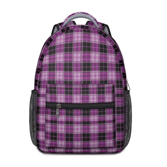 Purple and Black Checkered Pattern Backpack for School, Cute School Bag with Adjustable Shoulder Straps and Padded Back, 15.3"x11"x6.7"
