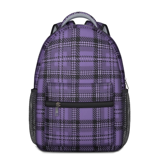 Purple and Black Checkered Pattern Backpack for School, Cute School Bag with Adjustable Shoulder Straps and Padded Back, 15.3"x11"x6.7"