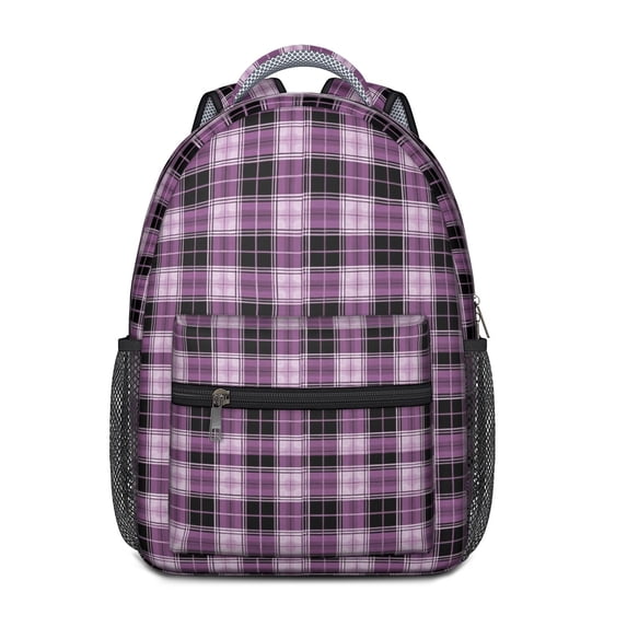 Purple and Black Checkered Pattern Backpack for School, Cute School Bag with Adjustable Shoulder Straps and Padded Back, 15.3"x11"x6.7"