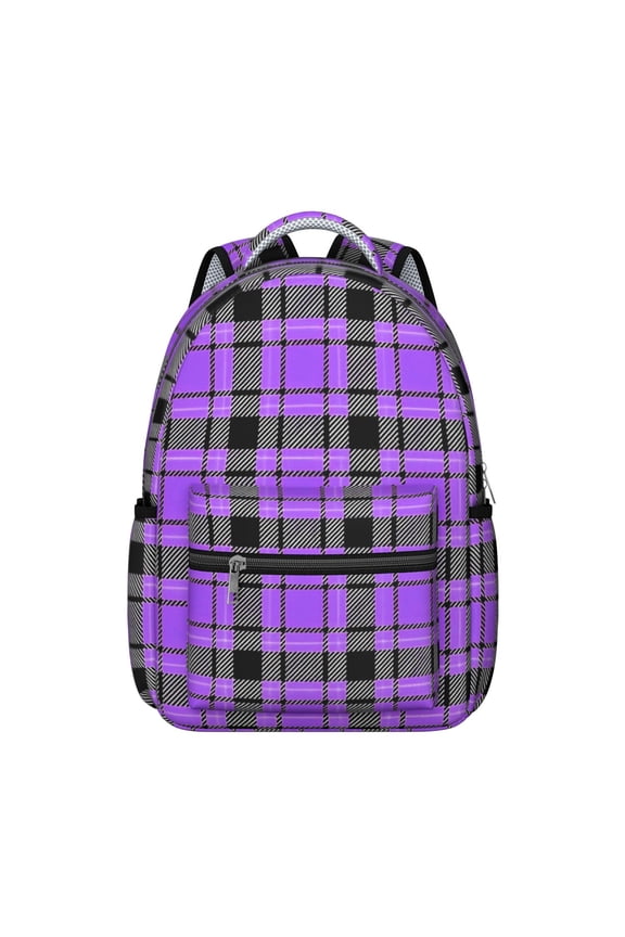 Purple and Black Checkered Pattern Backpack for School, Cute School Bag with Adjustable Shoulder Straps and Padded Back, 15.3"x11"x7.1"