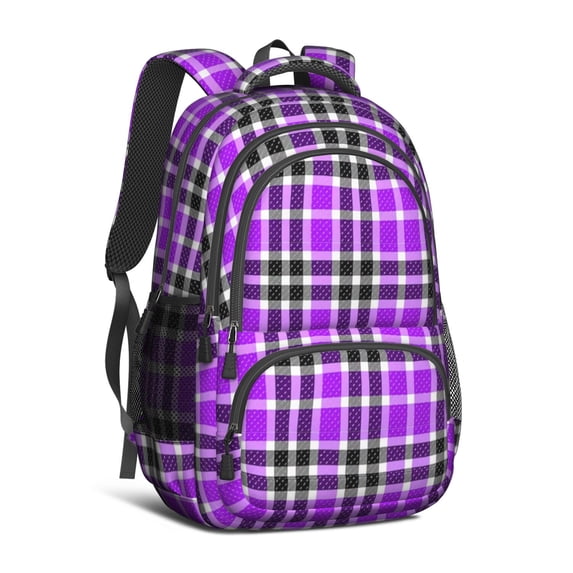Purple and Black Checkered Pattern Backpack for School, Cute School Bag with Adjustable Shoulder Straps and Padded Back, 16.9"x12.6"x5.9"