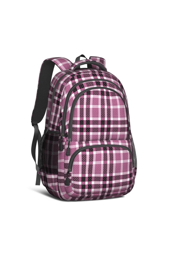 Purple and Black Checkered Pattern Backpack for School, Cute School Bag with Adjustable Shoulder Straps and Padded Back, 16.9"x12.6"x5.9"
