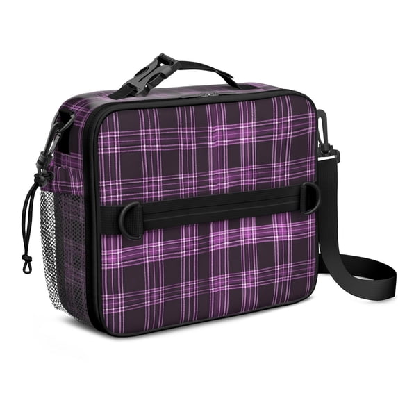 Purple and Black Checkered Pattern Insulated Lunch Bag with Shoulder Strap and Bottle Holder,Bento School Lunch Bag Box,11x9.5x3.5 Inches