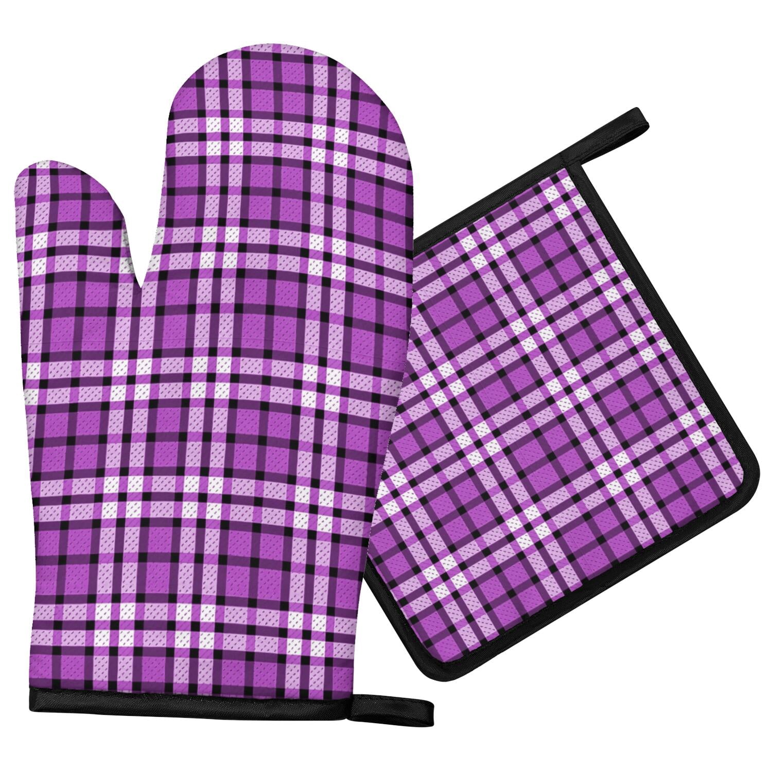 Bbq Banner Examples Purple and Black Checkered Pattern Oven Mitt Pot Holder Set, Polyester ...