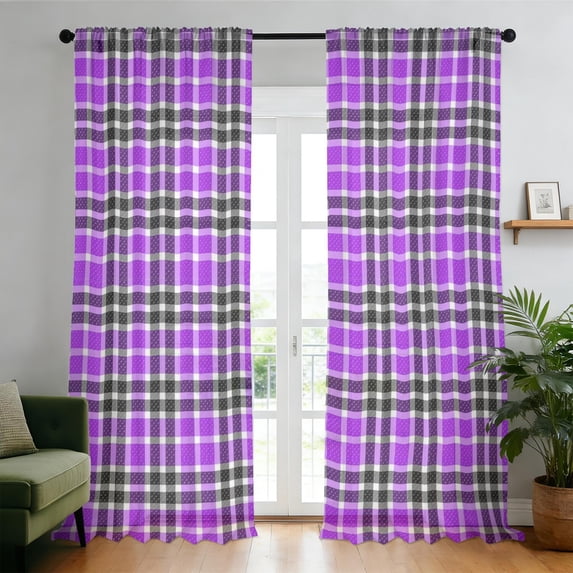 Purple and Black Checkered Pattern Sheer Curtains, Sheer Curtain Panels ...