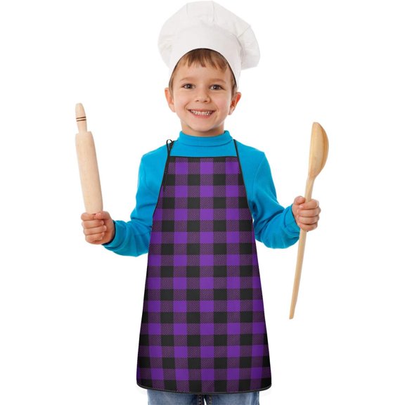 Purple and Black Checkered Pattern Teens Aprons, Adjustable Neck Strap, Toddler & Teens Aprons for Cooking & Baking, 19x23.6 Inches