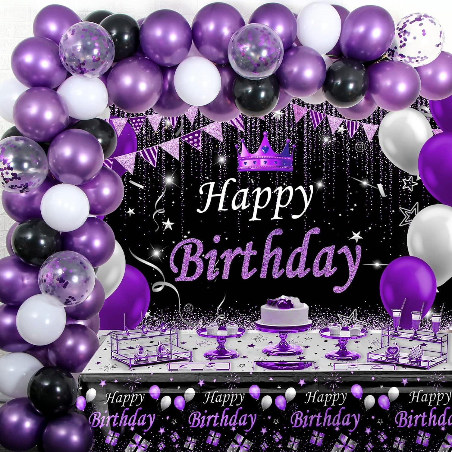Purple Birthday Party Decorations Kit | Includes Banner, Balloons, Pompoms & Foil Curtain For Girls, Women, Engagement, Anniversary
