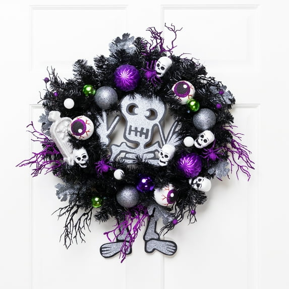 Northlight Purple and Black Spooky Skeleton Pine Halloween Wreath, 24-Inch, Unlit