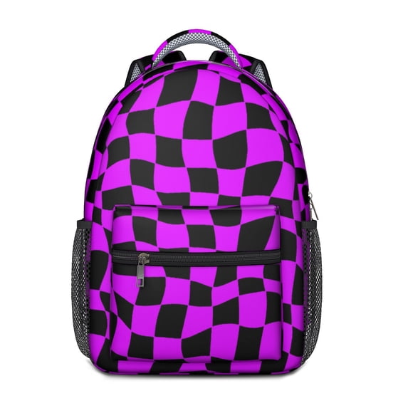 Purple and Black Wavy Checkered Backpack for School, Cute School Bag with Adjustable Shoulder Straps and Padded Back, 15.3"x11"x6.7"