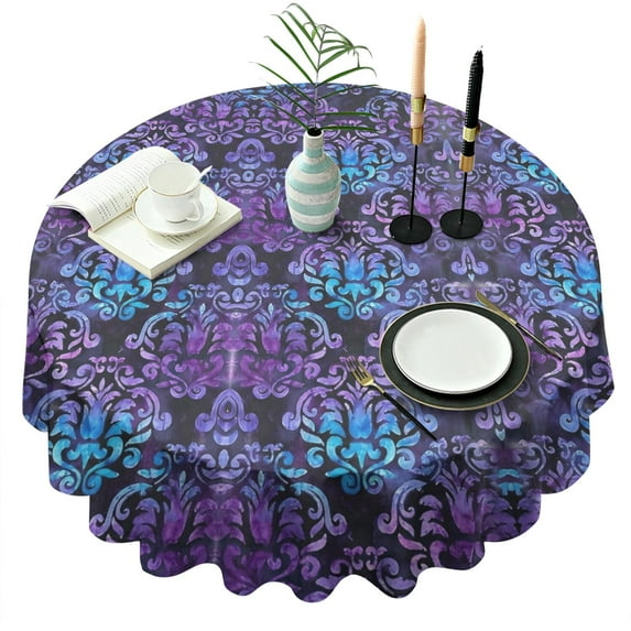 Purple and Blue Damask Pattern Round Tablecloth 60"x60",Wrinkle Wipeable Table Cloth for Kitchen Dining Room Picnic Patio Party