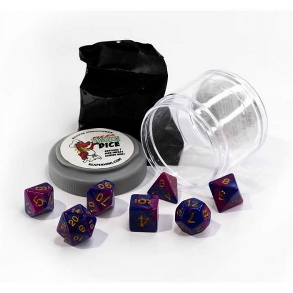 Purple and Blue Dual Color Dice Set 16mm (5/8 inch) Dungeon Dice with Random Miniature Included