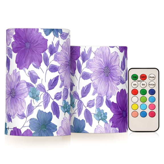 Purple and Blue Flowers Leaves Flickering Flameless Candles LED Tealight Battery Operated with Remote Set of 2 Holiday Decor Ornaments