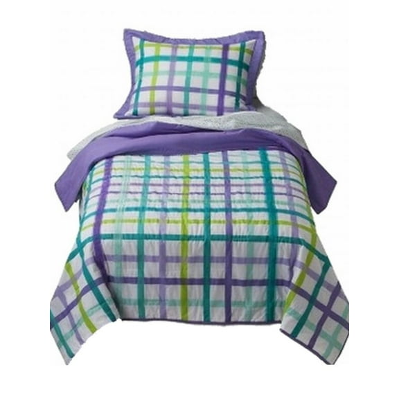 Purple and Blue Ribbon Plaid Stitched Full Queen Quilt Shams Set Comforter