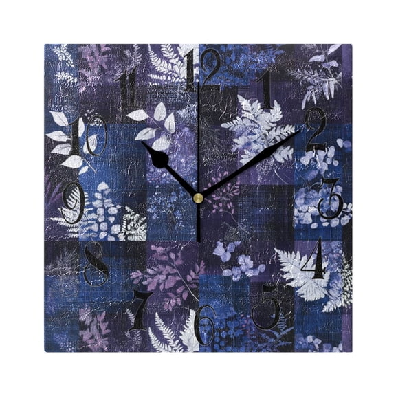 Purple and Blue Winter Leaves Wall Clock Decorative Square Silent Non-Ticking Operated Clocks Aesthetic for Bedroom Living Room