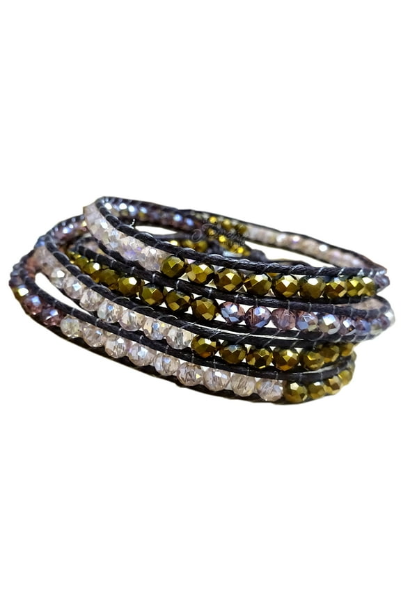 Purple and Brass-Colored Beaded Leather Wrap Bracelet