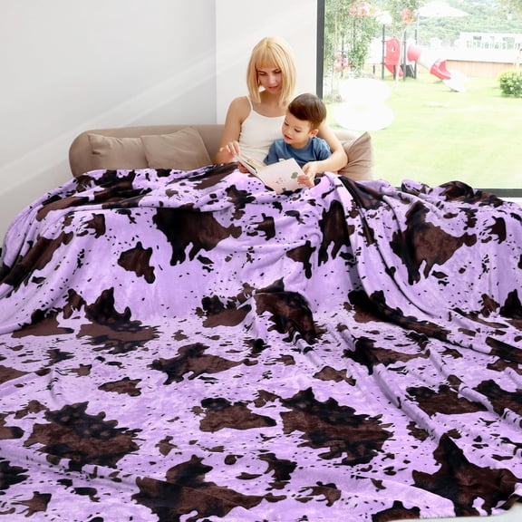Purple and Brown Abstract Cow Print Soft Plush Fleece Throw Blanket for Couch Bedroom Decor