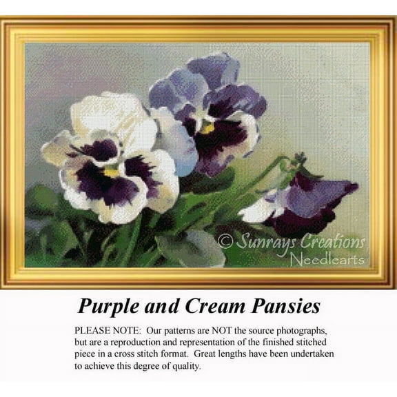 Purple and Cream Pansies, Vintage Flowers Counted Cross Stitch Pattern (Pattern Only, You Provide the Floss and Fabric)