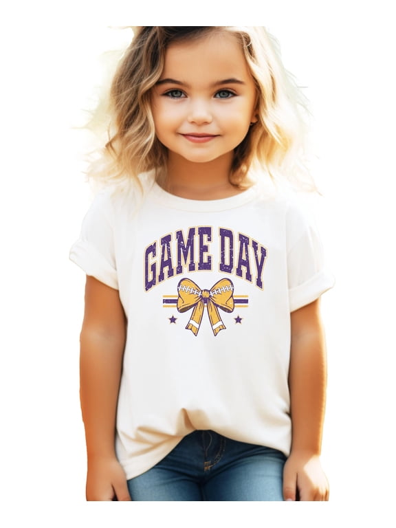 Purple and Gold Game Day Shirt for Women, Teens & Kids Team Colors Football Bow Graphic Tee Natural Shirt 4T