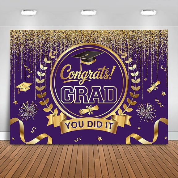 Purple and Gold Graduation Backdrop Congrats Grad Background Congratulations Graduate Class of 2026 Party Decorations Banner Photo Booth Props