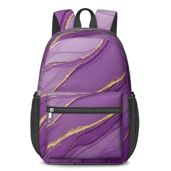 Purple and Gold Marble Pattern 17" Waterproof Oxford School Backpacks for Teens, S-Shape Padded Straps, for School, Travel, Hiking, Camping
