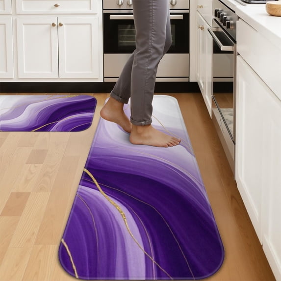 Purple and Gold Marble Pattern 2 Piece Flannel Kitchen Floor Mat Set ...