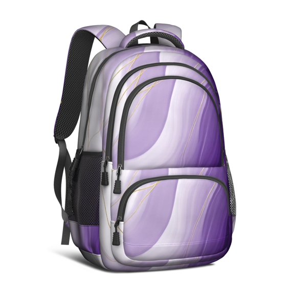 Purple and Gold Marble Pattern Backpack for School, Cute School Bag with Adjustable Shoulder Straps and Padded Back, 16.9"x12.6"x5.9"