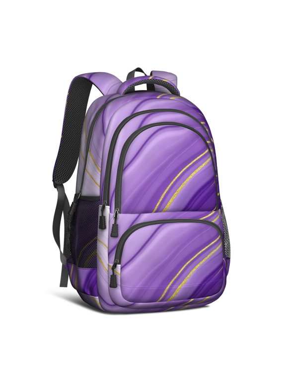 Purple and Gold Marble Pattern Cute School Backpack Bag with Padded Back and Adjustable Shoulder Straps 16.9 X 12.6 X 5.9 Inches