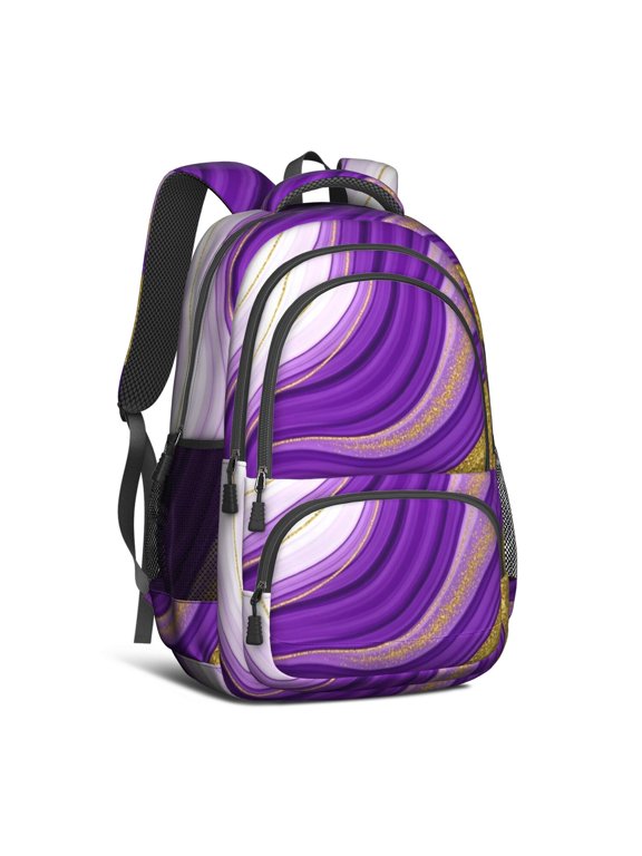 Purple and Gold Marble Pattern Cute School Backpack Bag with Padded Back and Adjustable Shoulder Straps 16.9 X 12.6 X 5.9 Inches