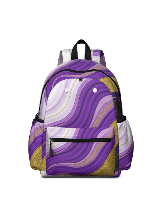 Purple and Gold Marble Pattern Cute School Backpack with Padded Back and Adjustable Shoulder Straps 13.4"x11"x4.7"