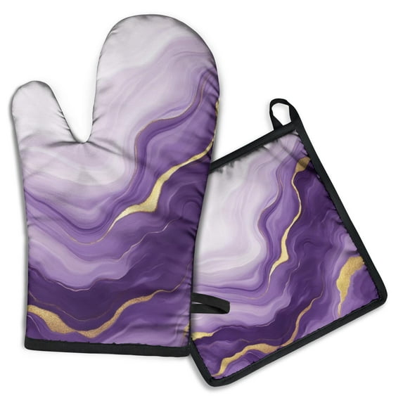 Purple and Gold Marble Texture Kitchen Oven Mitt and Pot Holder Sets 2 Pcs for Baking, Cooking and Grilling, Heat Resistant Up To 392 °F