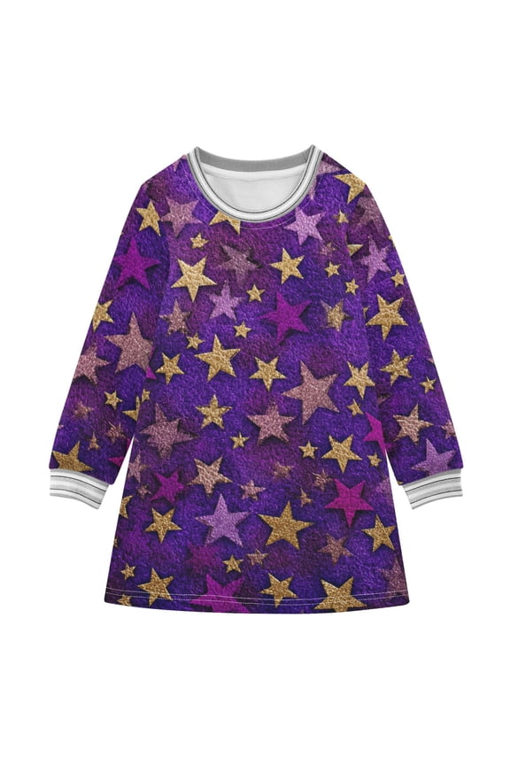 Purple and Gold Stars 3d Vintage Long-sleeved Dress A-line One-Piece Dress for 2-8 Years Casual Party 3T