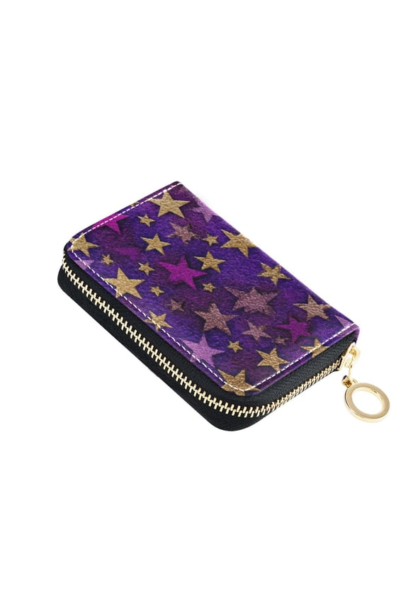 Purple and Gold Stars 3d Vintage Women's Credit Card Holder PU Leather Zipper Wallet RFID Blocking